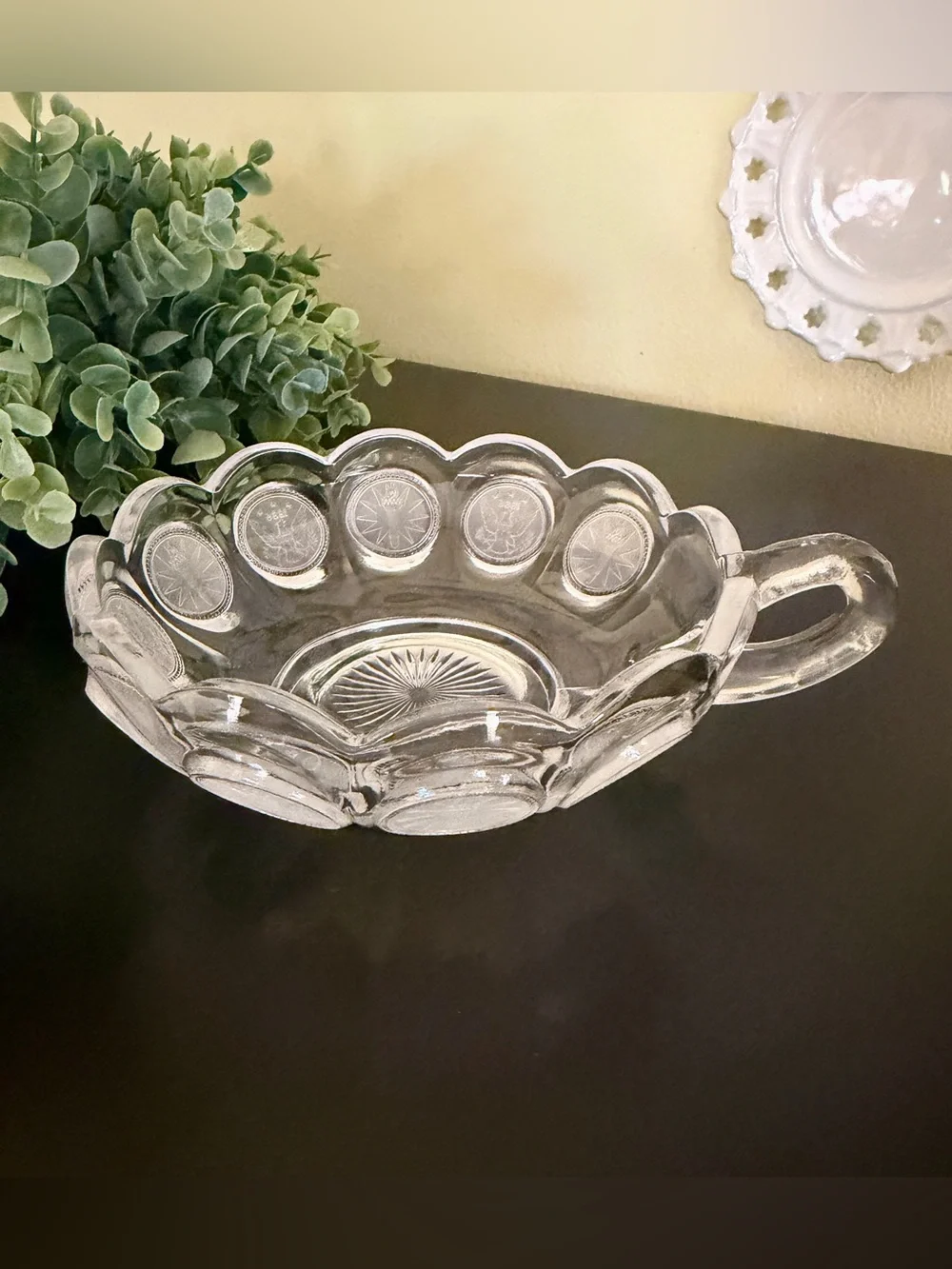 FOSTORIA, COIN GLASS, NAPPY BOWL WITH A FROSTED, PRESSED GLASS COIN MOTIF